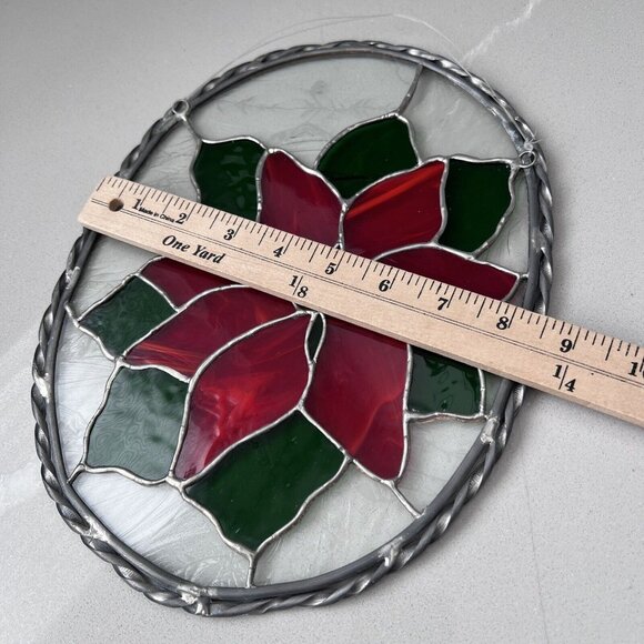 Poinsettia Christmas Floral Painted Suncatcher Oval 2-Loop Hanging Stained Glass - Picture 6 of 6